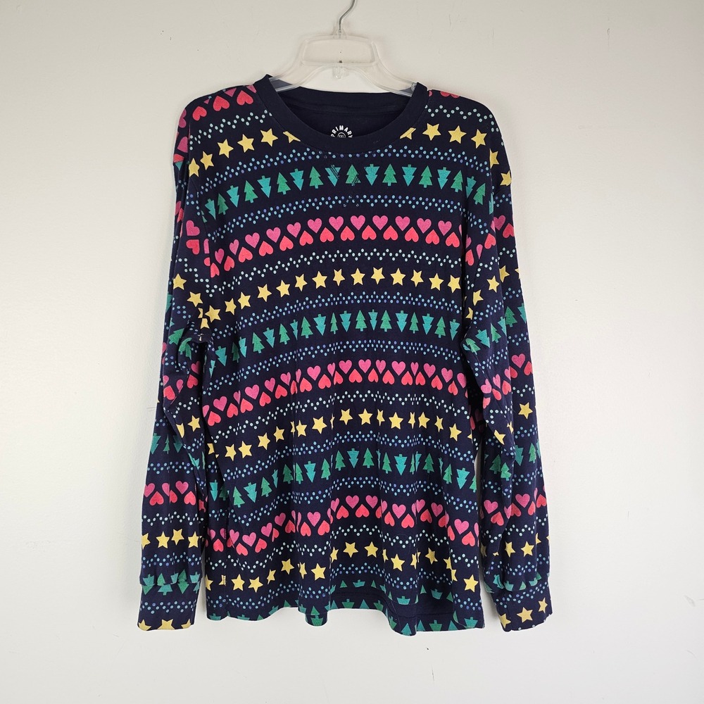 Primary Organic Cotton Long Sleeve Shirt XXL Navy Fair Isle Hearts Stars Trees